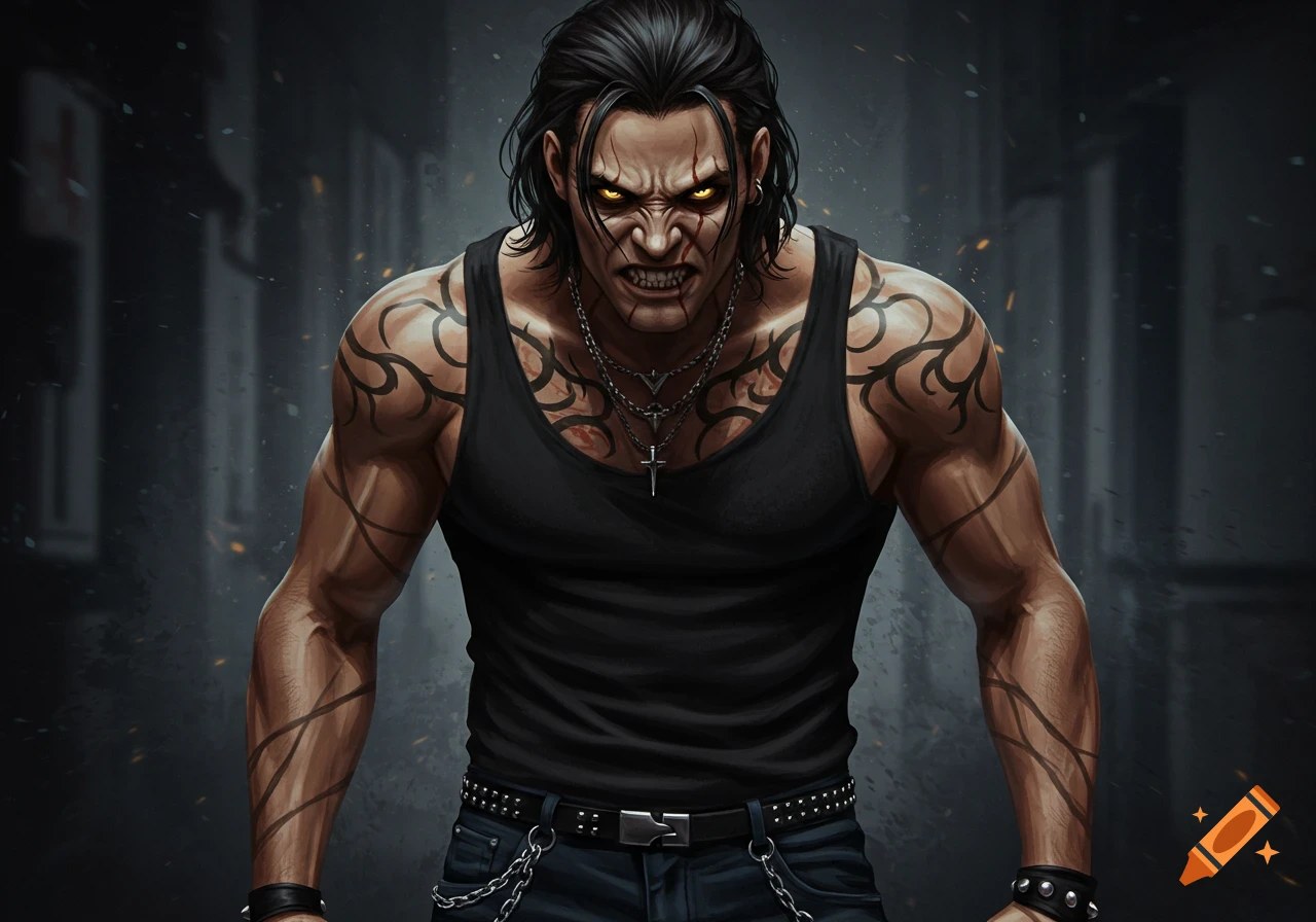 A muscular man with tattoos and long dark hair, his face twisted in a look of rage, with glowing yellow eyes.