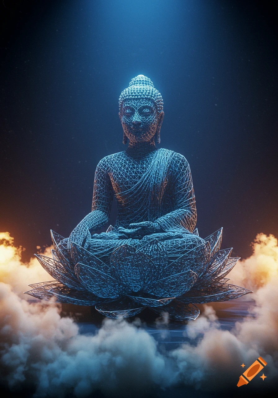 A 3D wireframe Buddha statue sits on a glowing lotus flower amidst clouds with a dark, starry background.