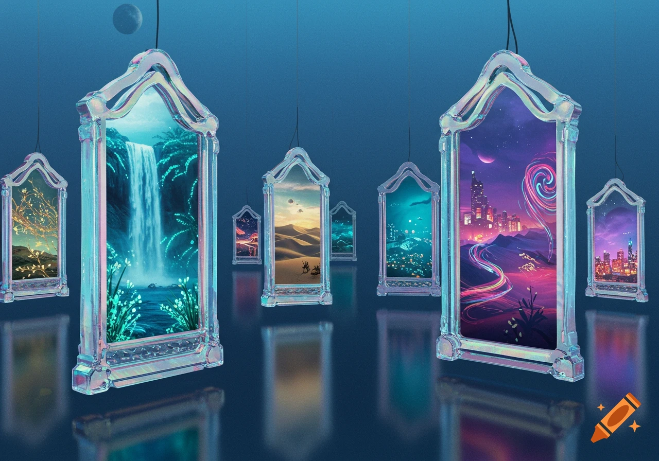 Ornate translucent frames hang in a blue void, each displaying a different vibrant scene: a waterfall, desert, and cityscapes.