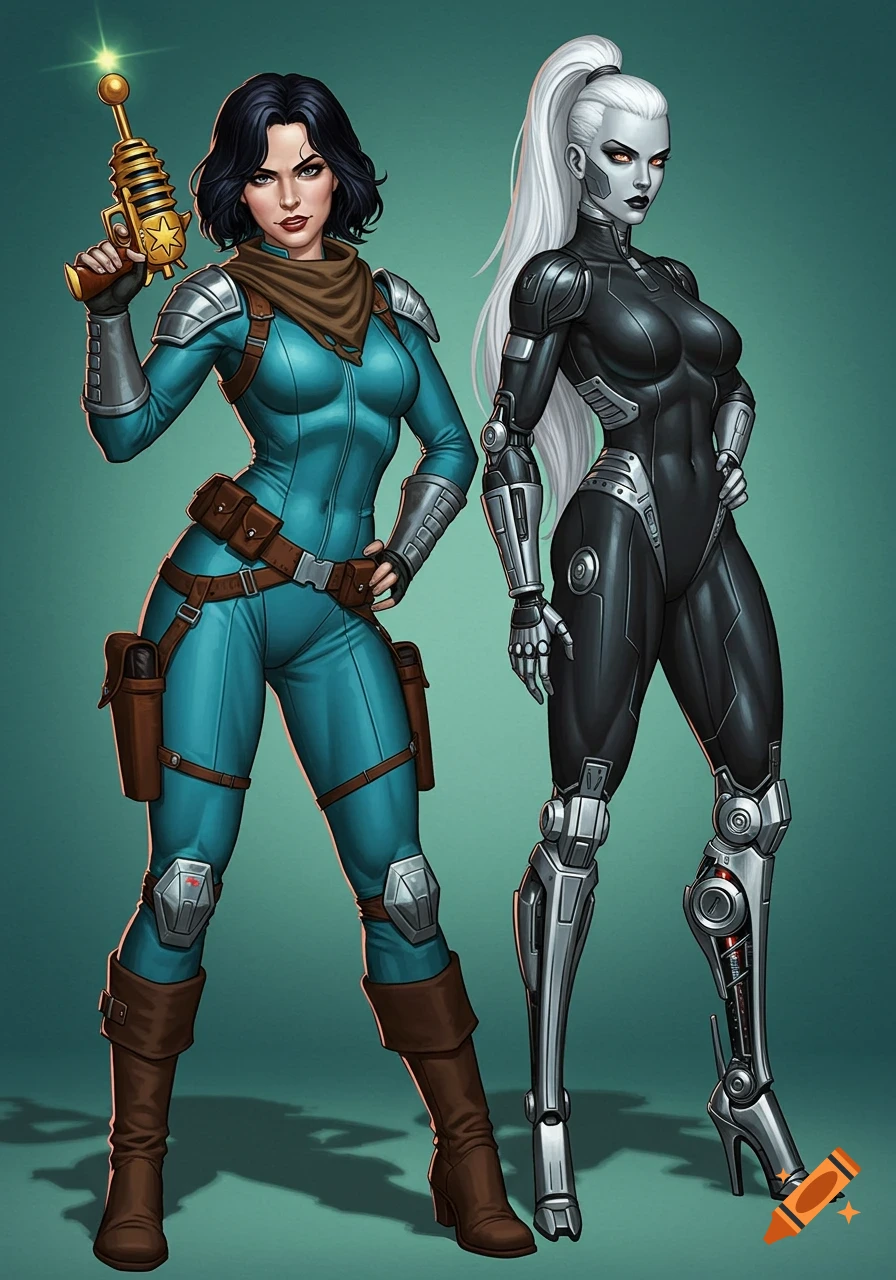 Two female sci-fi characters, one in a teal suit with a raygun and another white-haired cyborg in a black suit, in pulp art style.