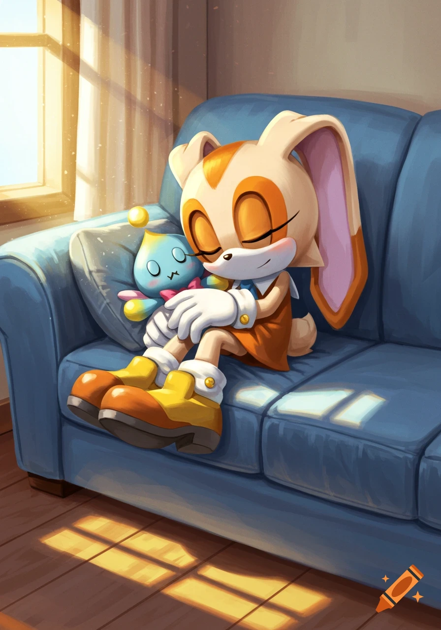 Cream the Rabbit sleeps on a blue couch, cuddling a Chao doll, bathed in soft window light, in an acrylic art style.