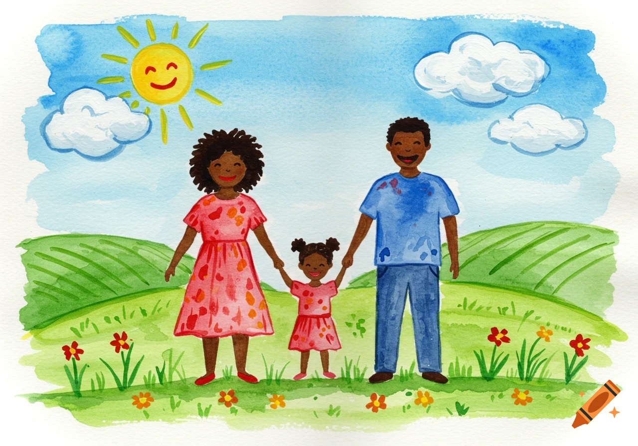 Watercolor illustration of a smiling African American family holding hands in a grassy field under a sunny sky.