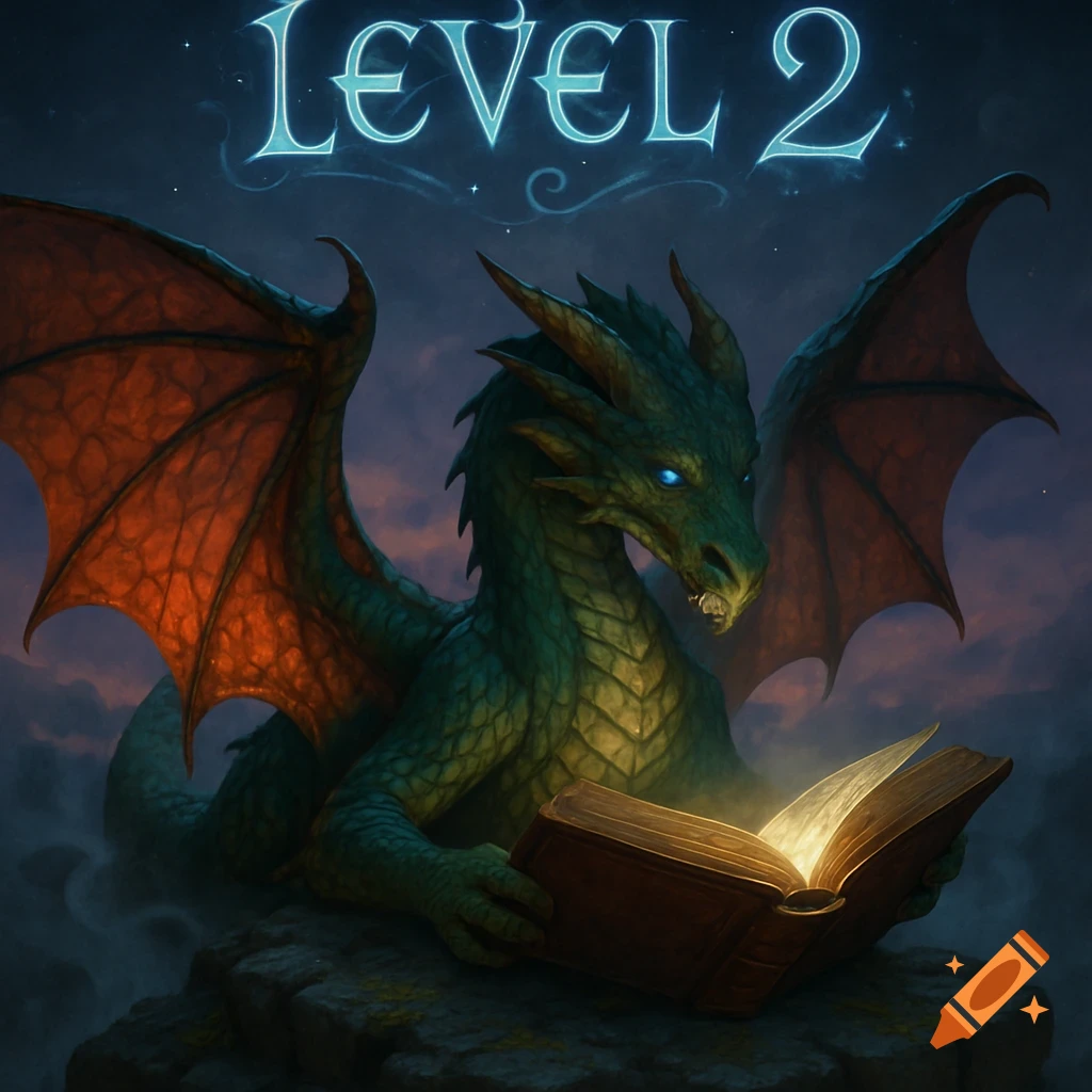 A green fantasy dragon with glowing eyes sits on rocks, reading a glowing book under a night sky with stars, with 'LEVEL 2' above.