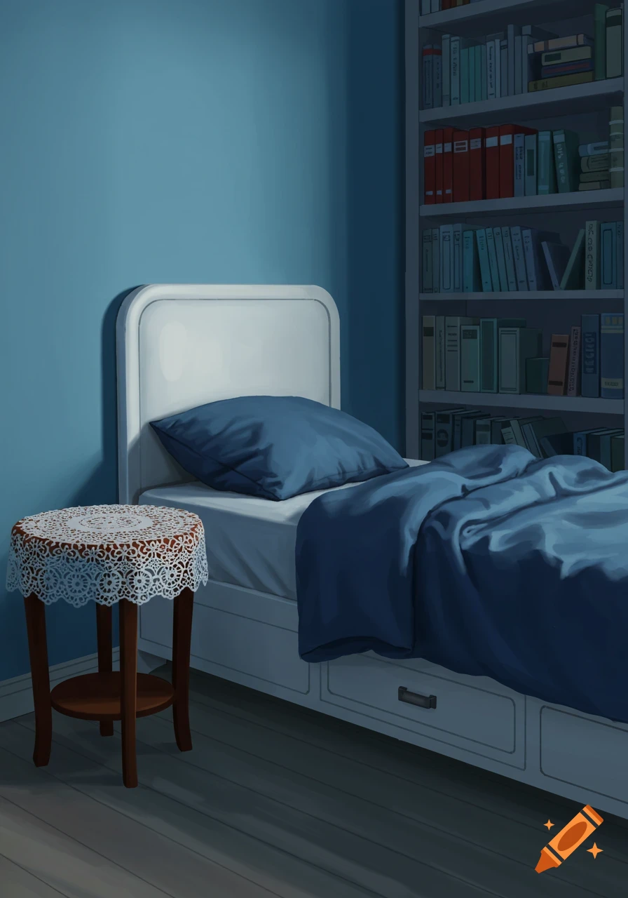 A blue bedroom with a white bed, blue sheets, and a brown nightstand with lace. A tall bookshelf filled with books stands against the wall.