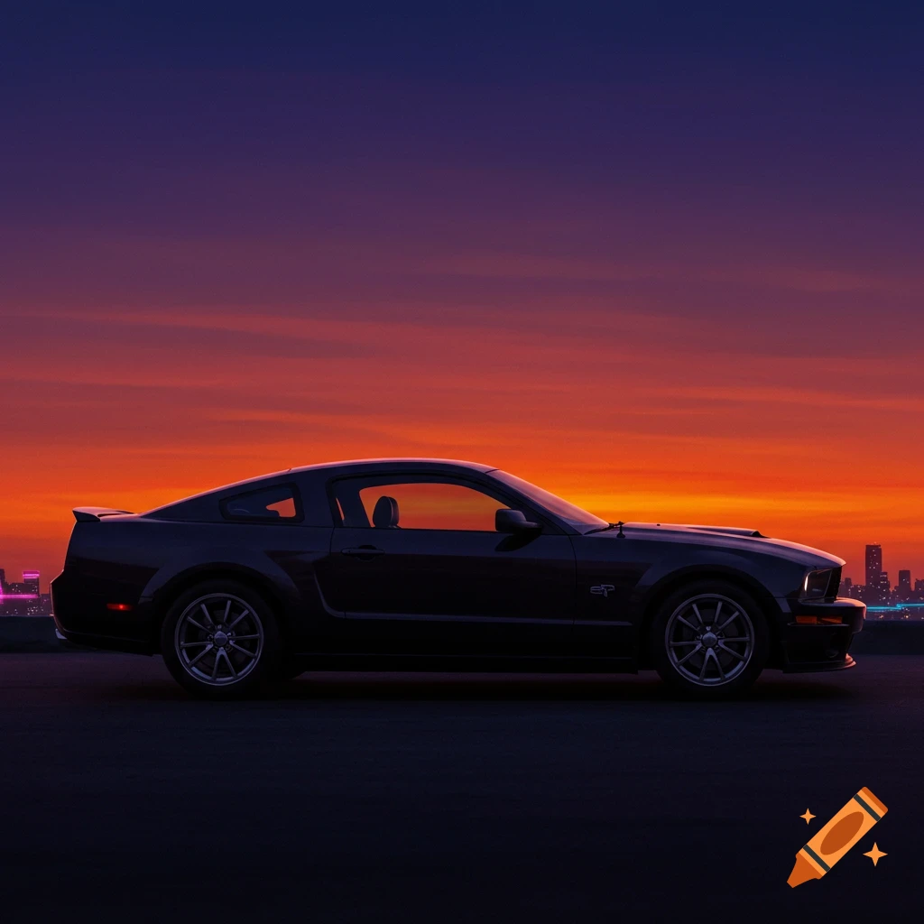 Side profile of a black Ford Mustang GT in silhouette against a vibrant orange and purple sunset sky with a distant city skyline.