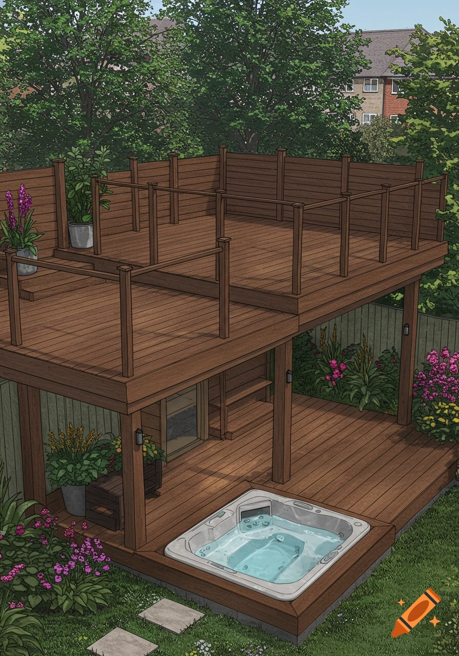 An elevated two-tiered wooden deck with a hot tub on the lower level, surrounded by green foliage and flowers.