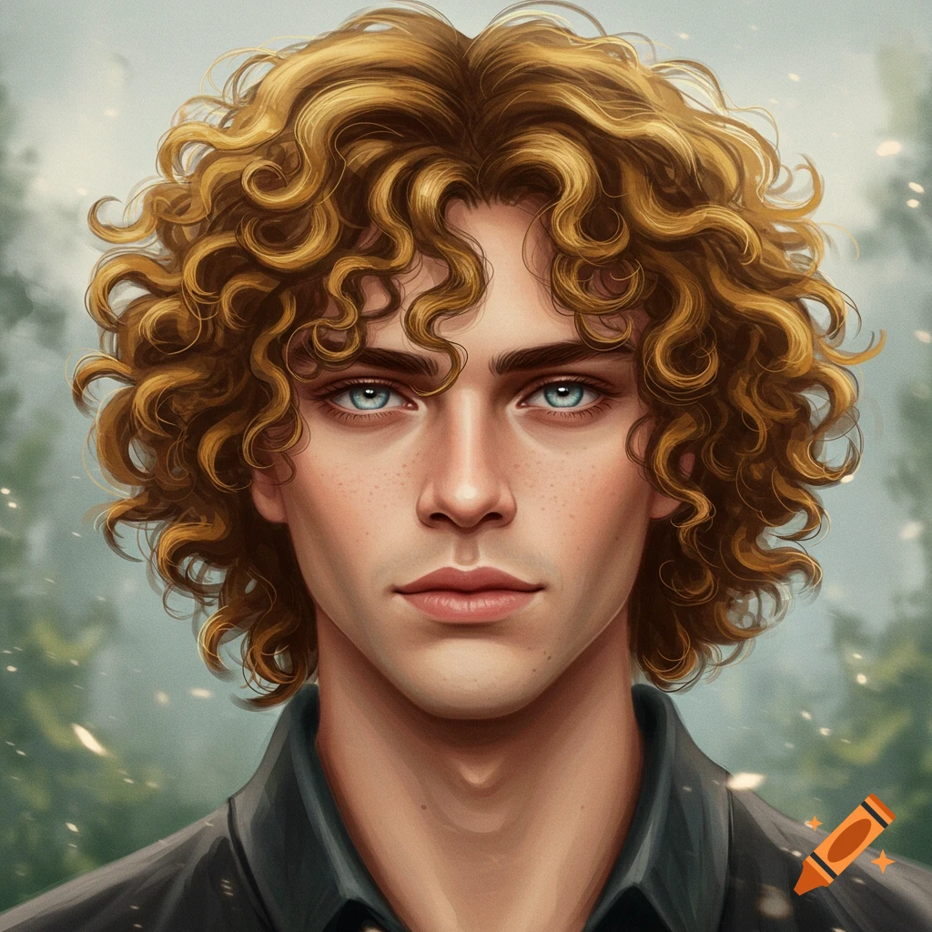 A close-up illustration of a young man with golden curly hair and striking blue eyes, with a blurry forest background.