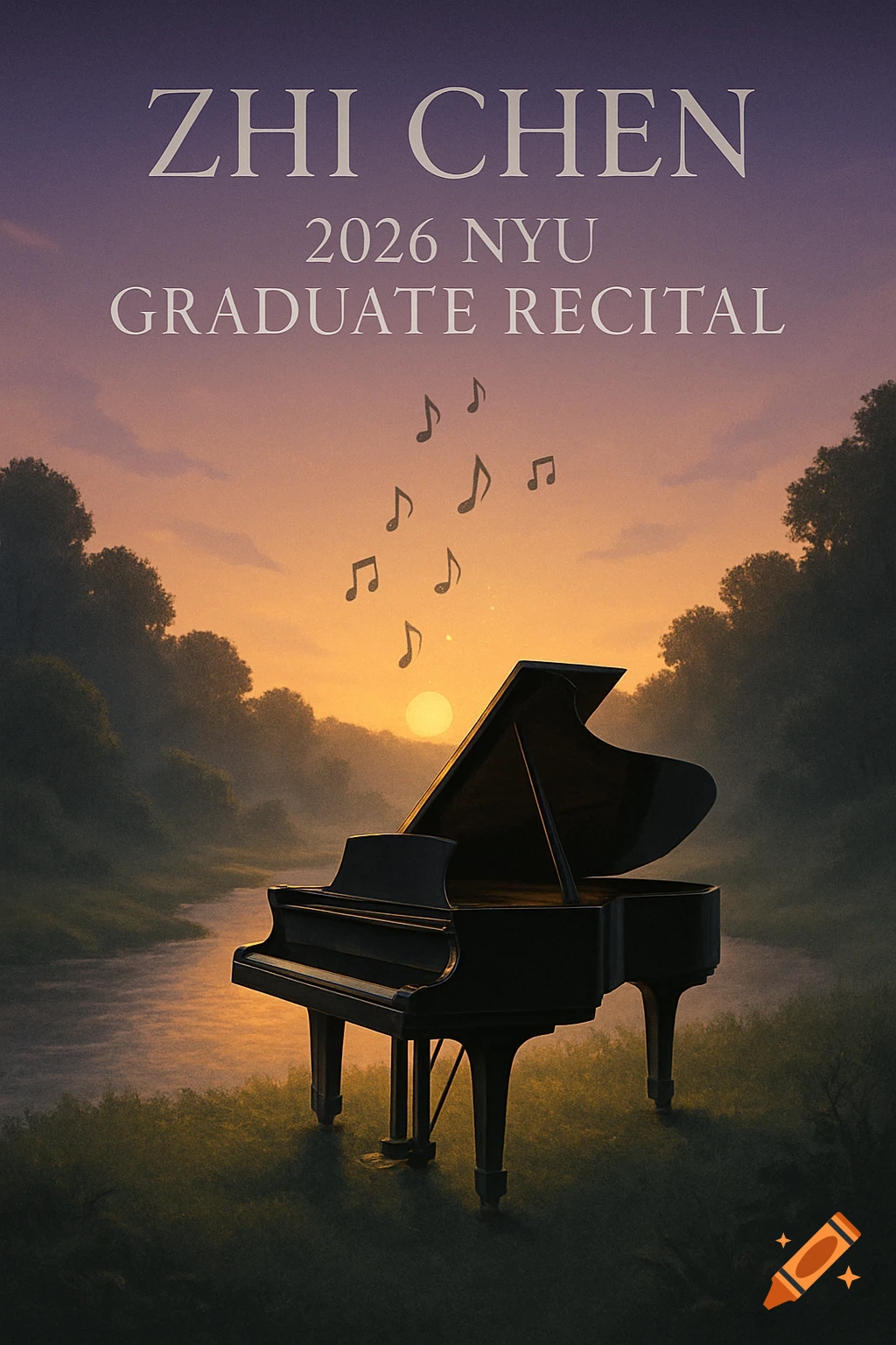 A recital poster featuring a grand piano beside a river at sunset, with musical notes floating above it. Text reads "ZHI CHEN 2026 NYU GRADUATE RECITAL."