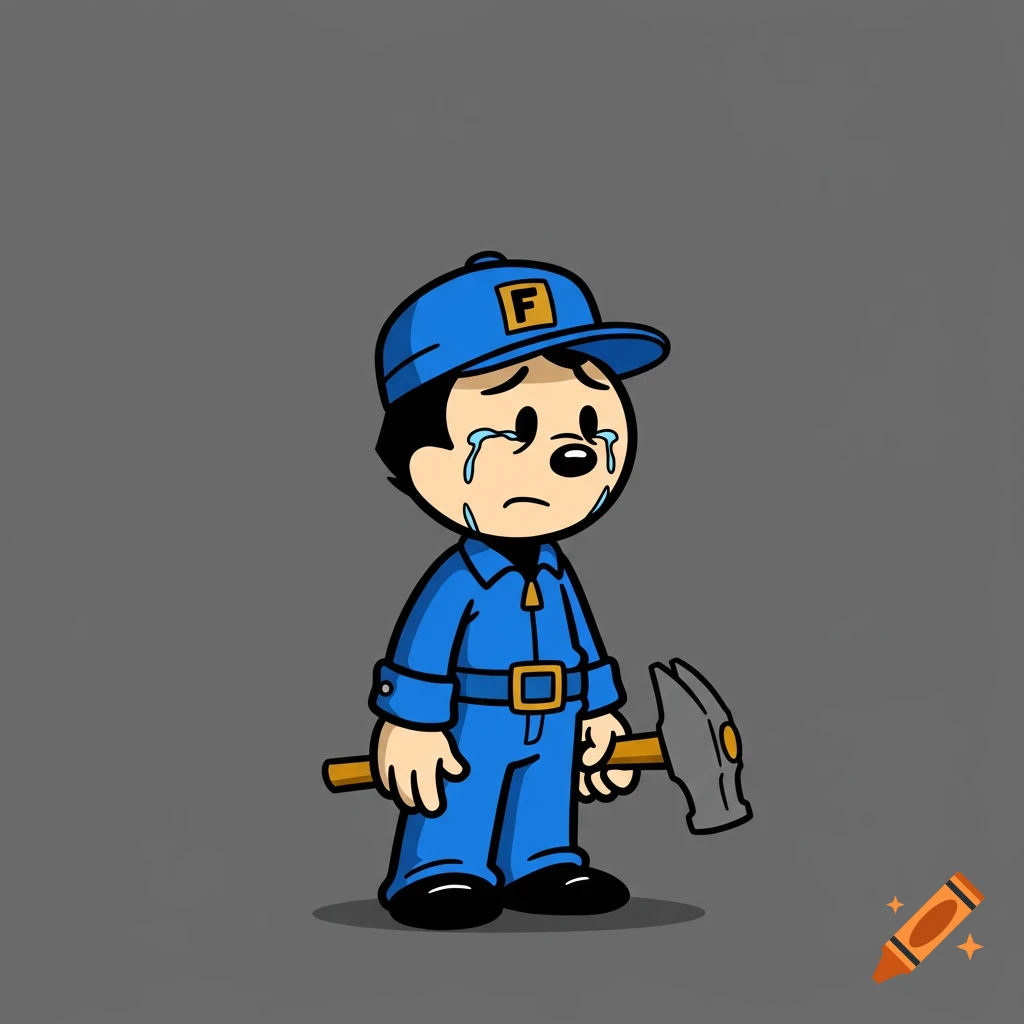 Vector art of a sad, crying cartoon character resembling Fix-It Felix Jr. in a blue uniform and cap with an 'F', holding a hammer on a gray background.