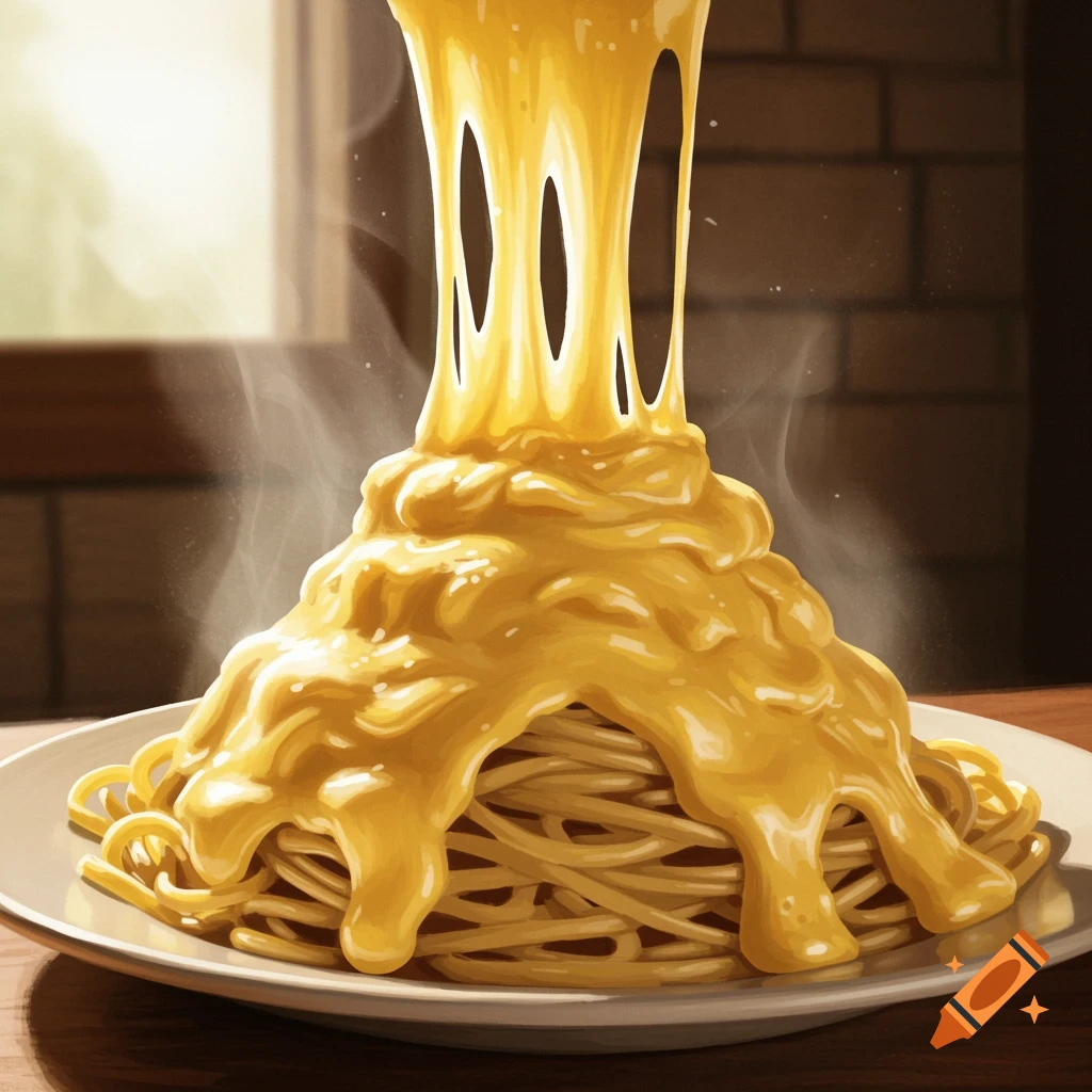 A plate of spaghetti completely covered in a large mound of melted, stringy yellow cheese with steam rising.