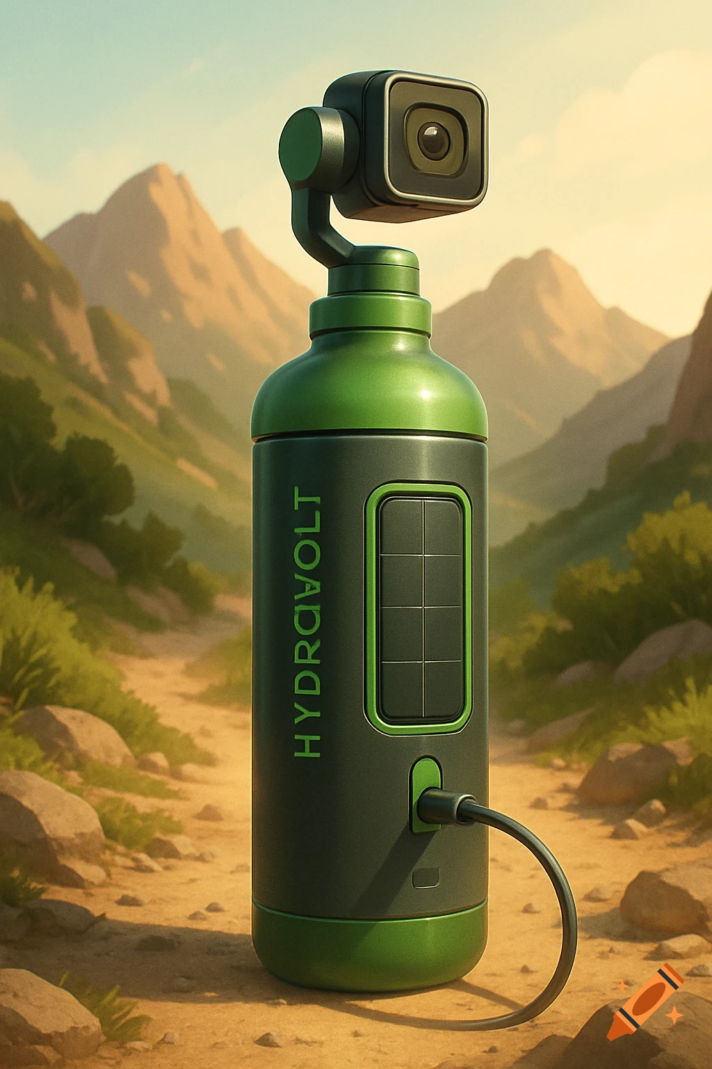 A green and black 'HydroVolt' water bottle with an attached camera sits on a dirt path in a sunny mountain landscape.