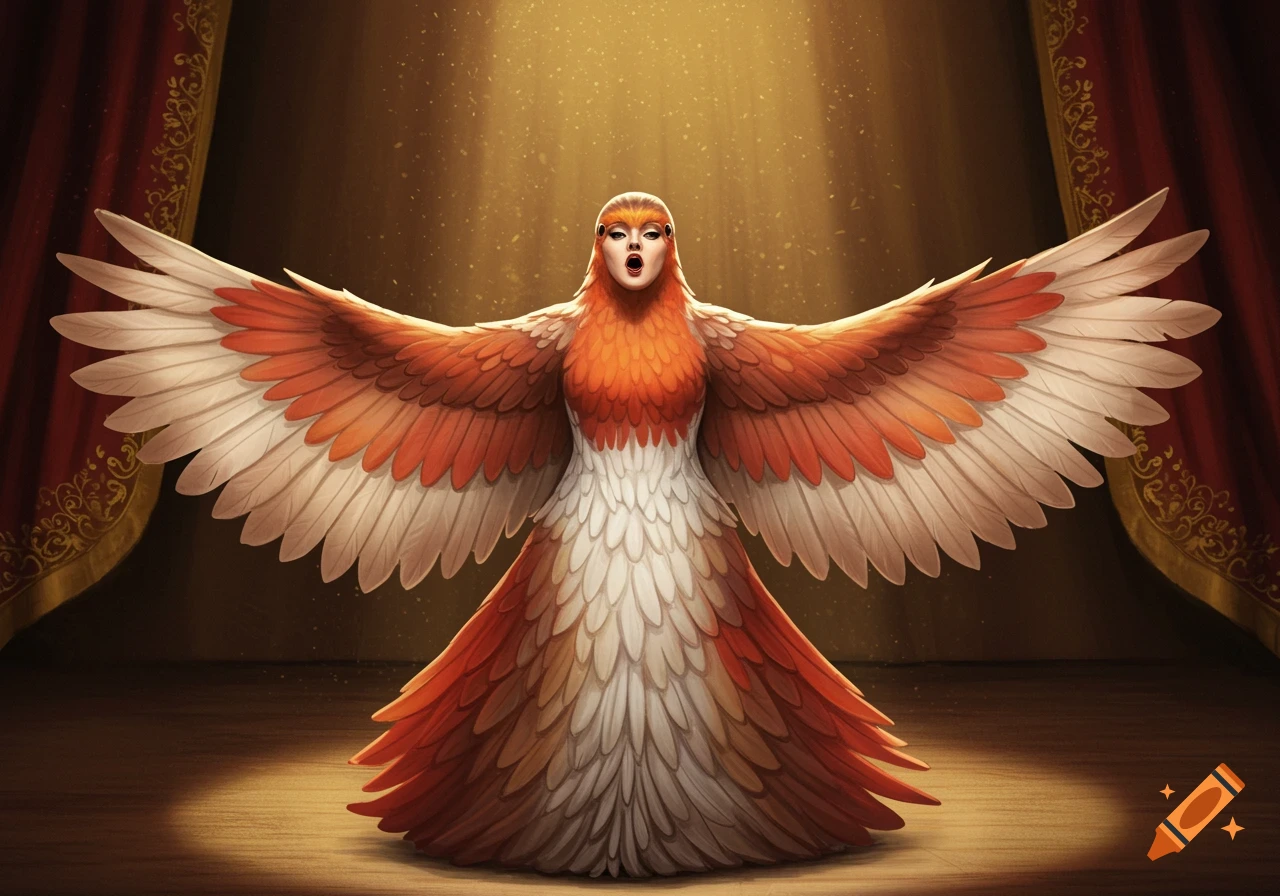 A vibrant human-bird hybrid with orange and white feathers and outstretched wings sings on a spotlighted stage with red curtains.