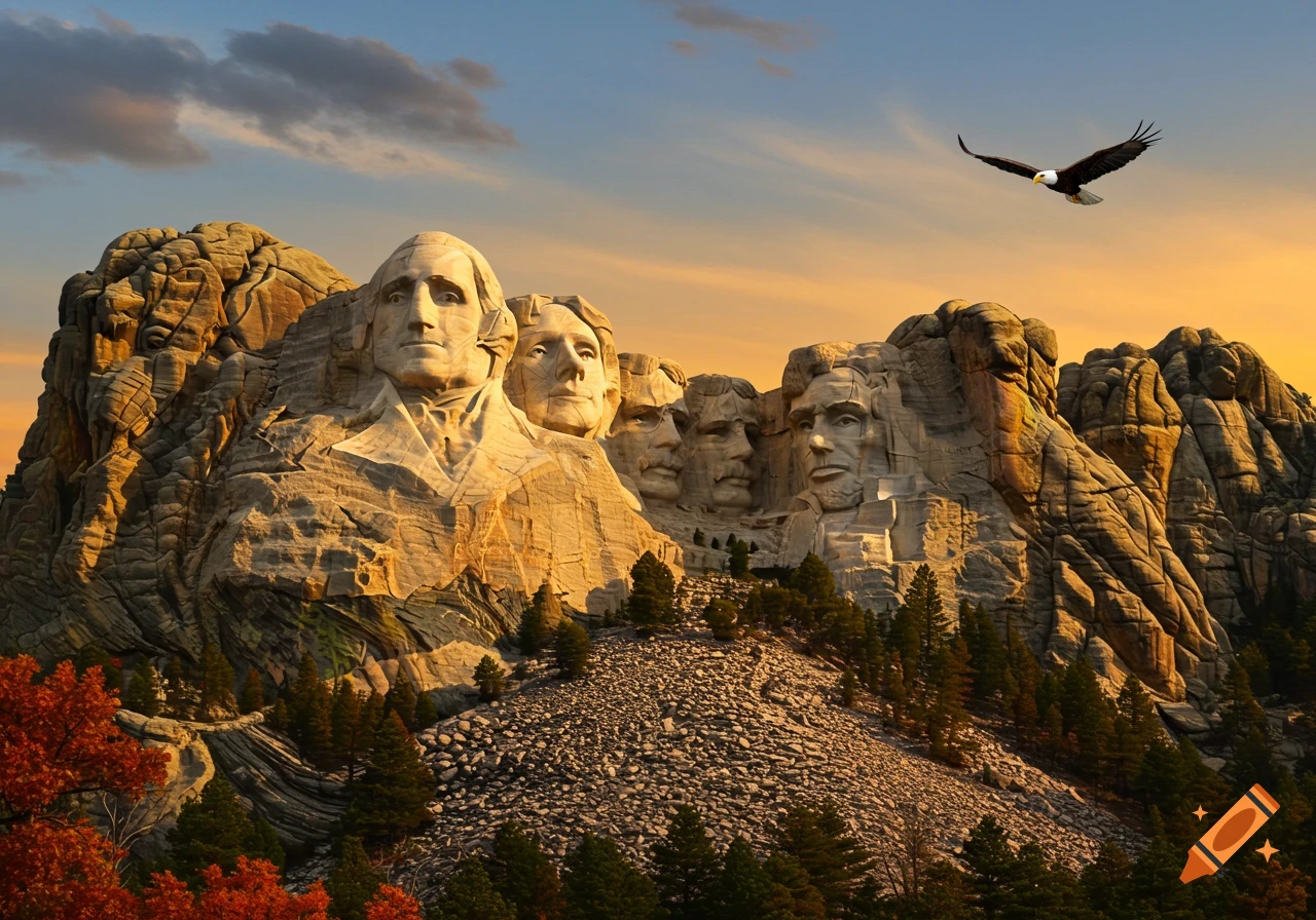 Panoramic view of Mount Rushmore at sunset, featuring the carved faces of four US presidents, with an eagle flying overhead.