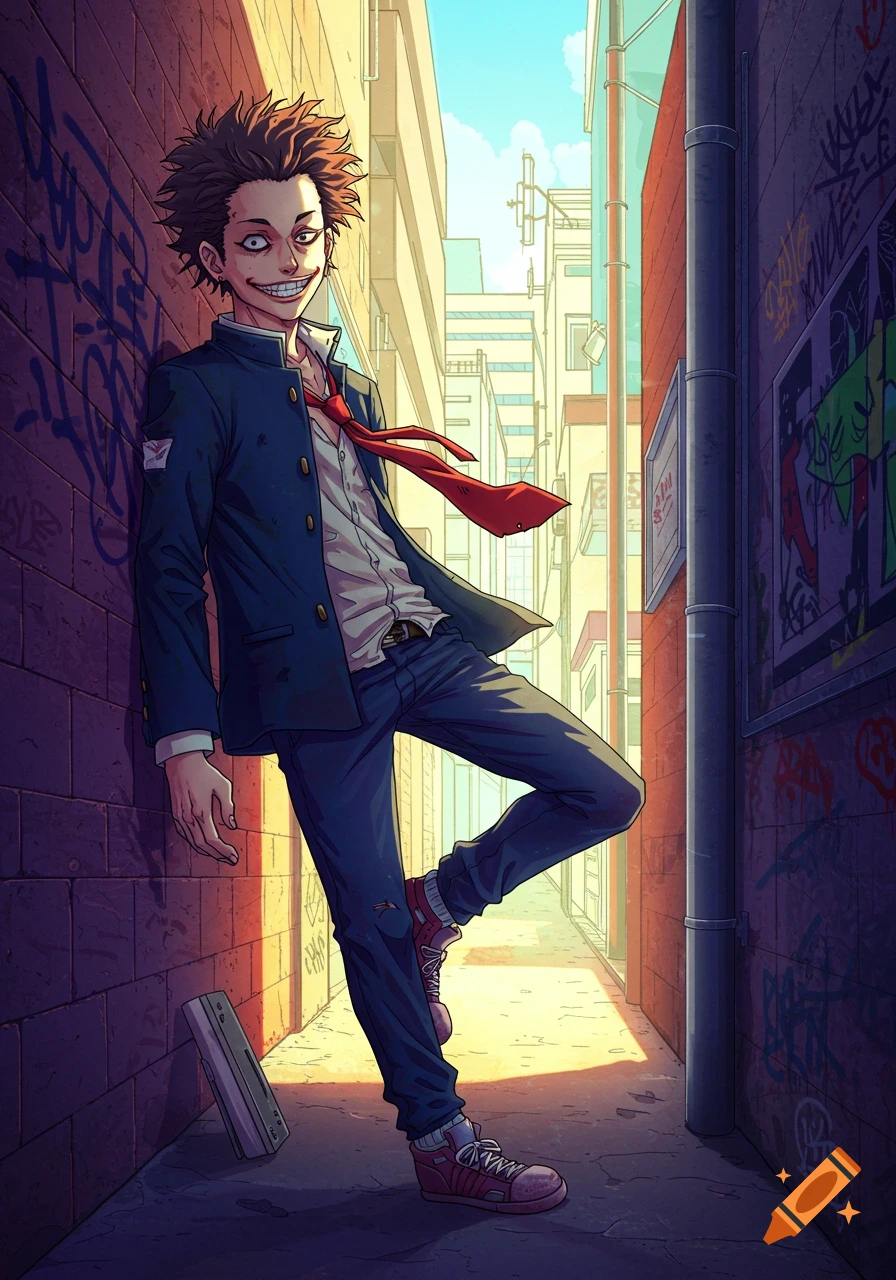Anime-style character, a male delinquent with spiky hair and an unsettling smile, leaning against a graffiti-covered brick wall in a sunny alleyway.