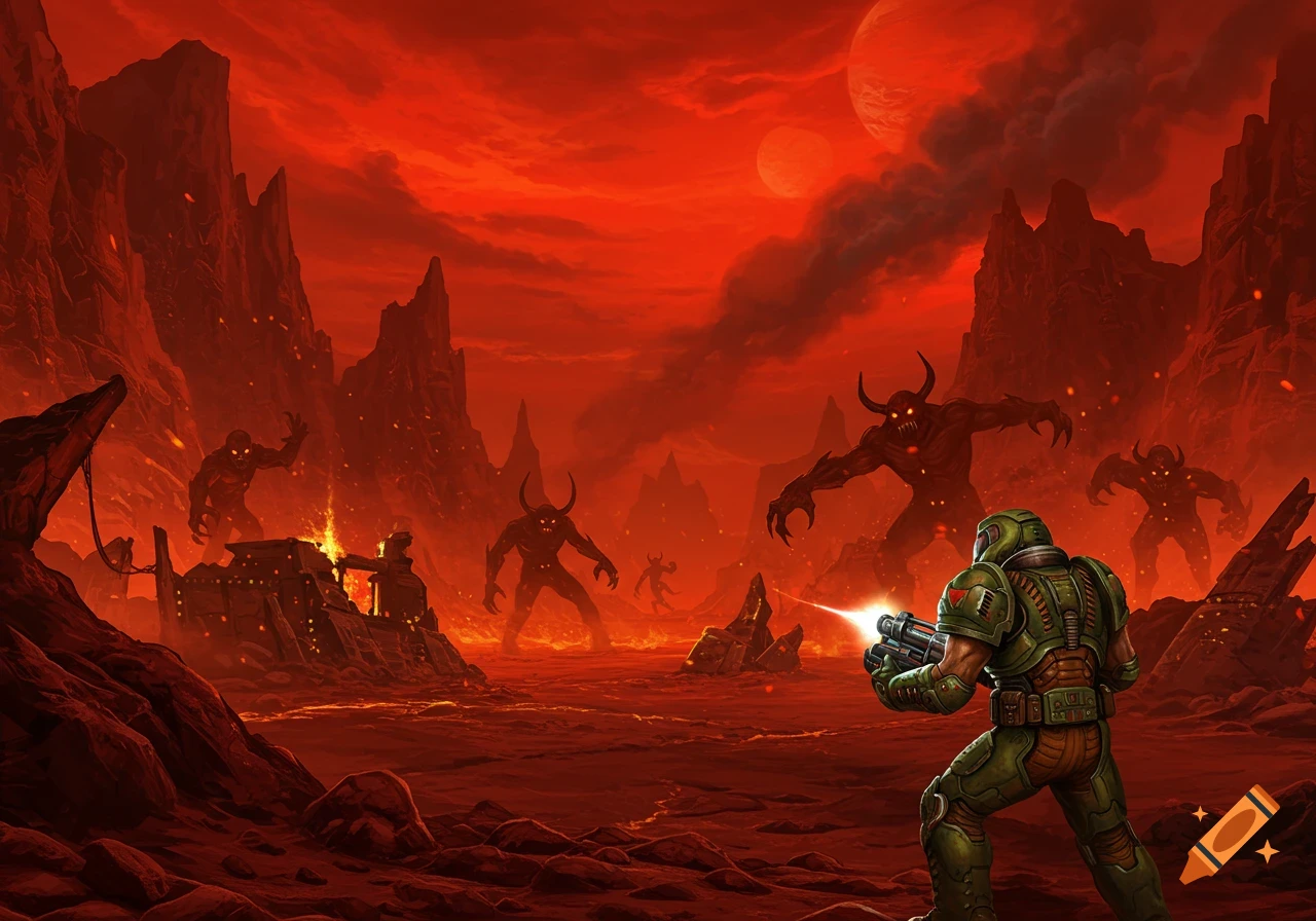 A space marine fights horned demons in a fiery, red hellscape with mountains and two moons in the sky. Stylized video game art.