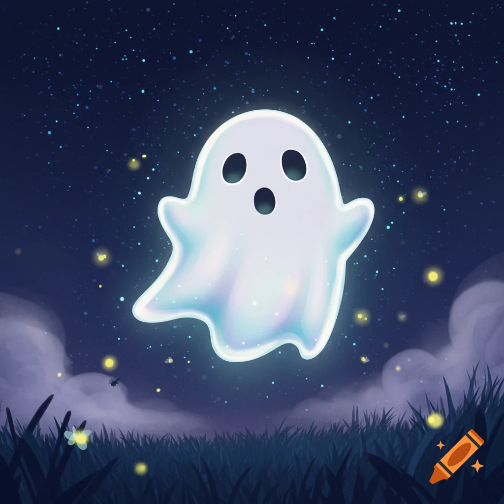 A cute, glowing ghost floats above a grassy field with fireflies under a starry night sky.