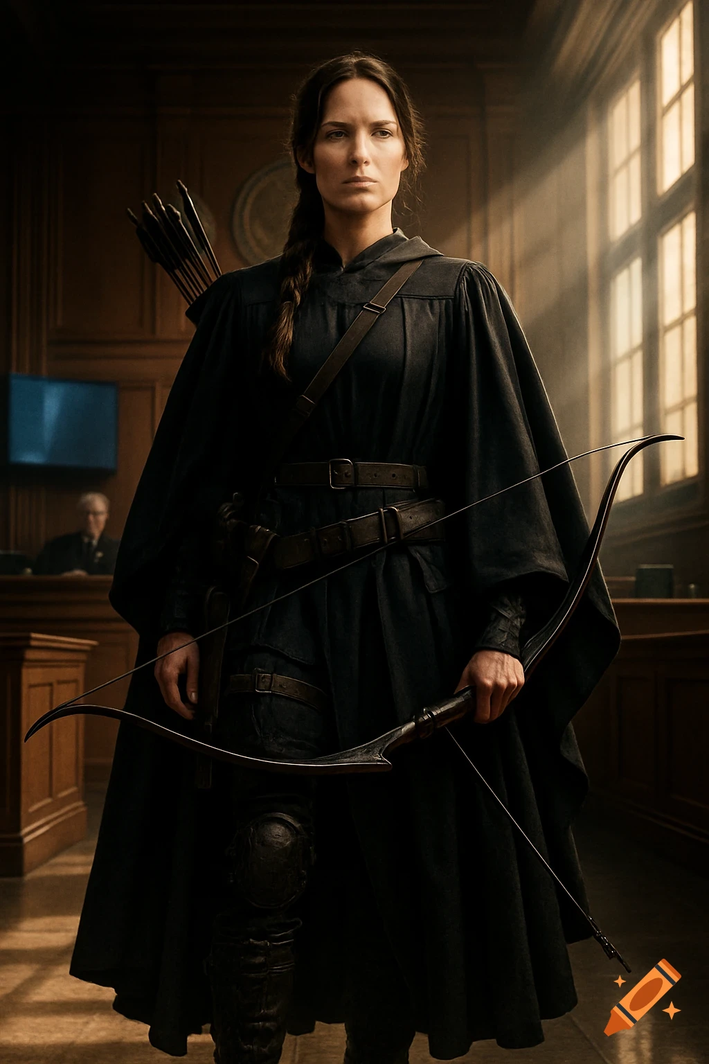A photorealistic image of a female archer in a dark hooded robe and survival gear, holding a bow in a dim courtroom.