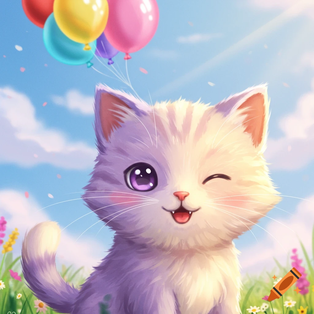 A cute cartoon kitten with purple eyes winks in a sunny field, surrounded by colorful balloons.
