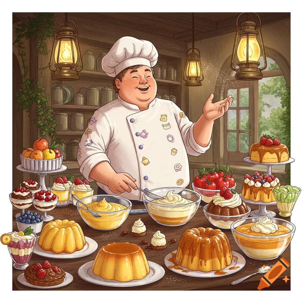 A smiling, plump chef in a white uniform with cute patterns stands in a rustic kitchen, surrounded by various puddings, cakes, and fruit, seemingly sprinkling sugar.