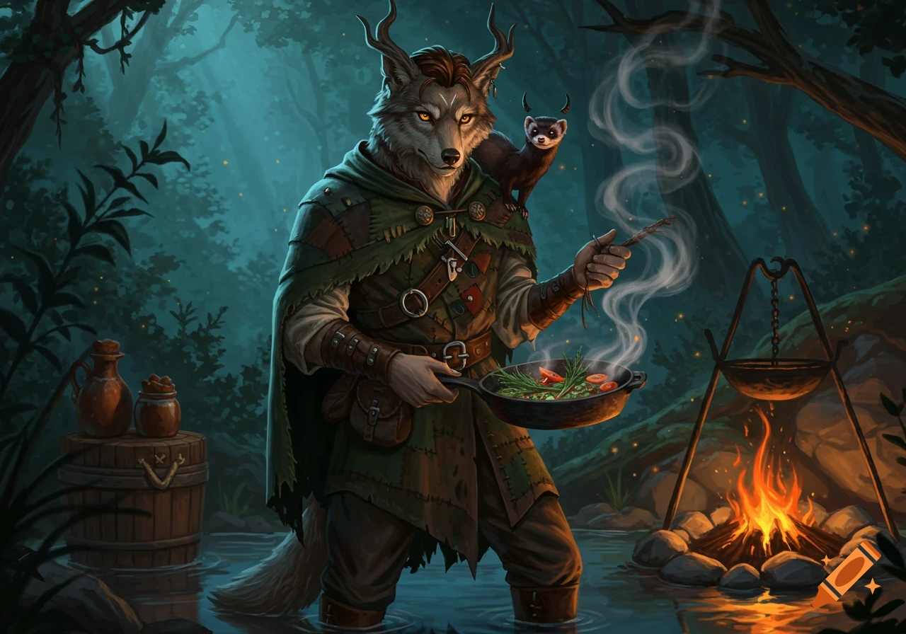 A wolf-like druid cooks in a pan over a campfire in a mystical forest, with a ferret on his shoulder.