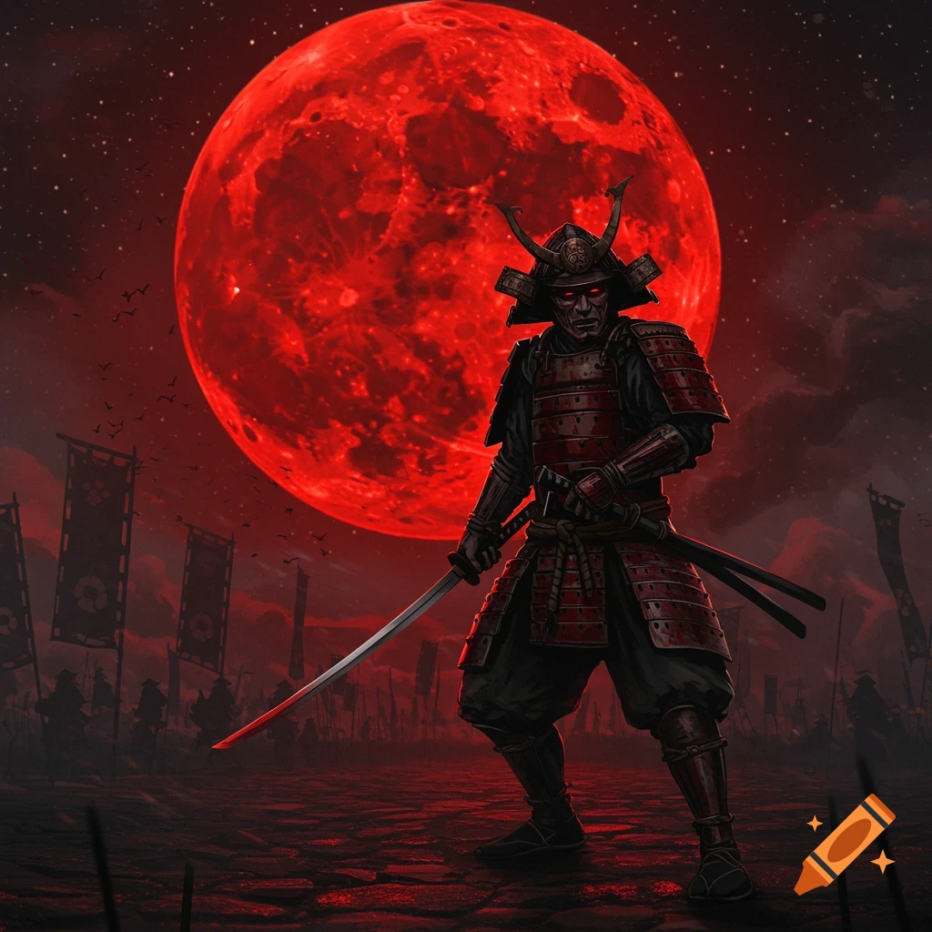 A samurai warrior in red armor stands with a sword under a large, glowing red moon, with flags and distant figures in the dark background.