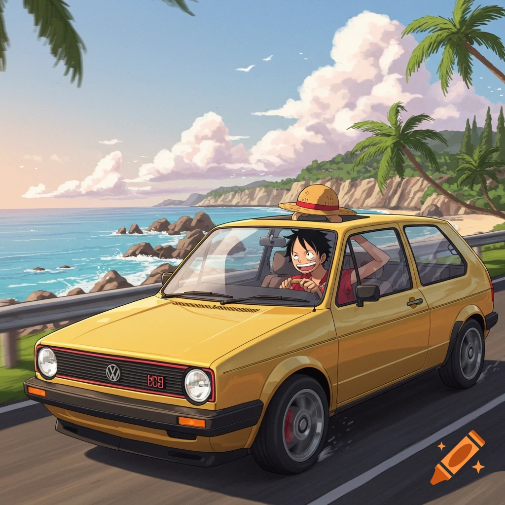 Luffy drives a yellow Volkswagen Golf along a scenic coastal road with palm trees and ocean.
