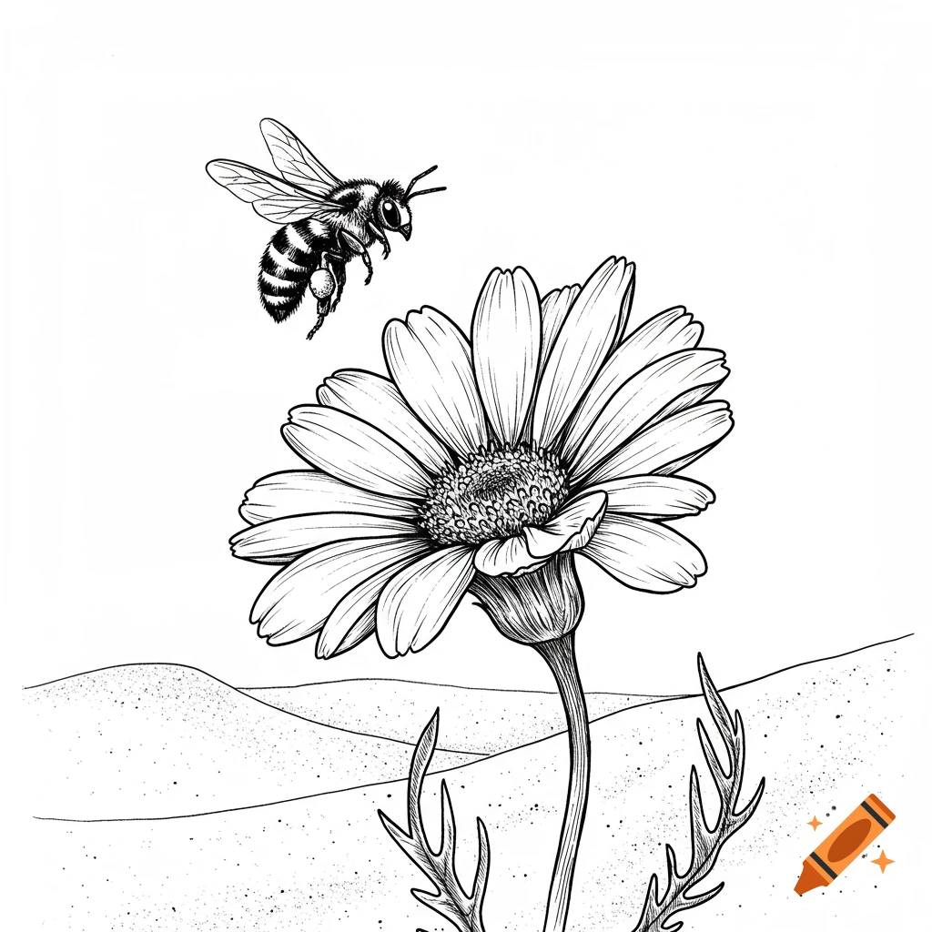 A black and white line drawing of a bee flying towards a desert flower.