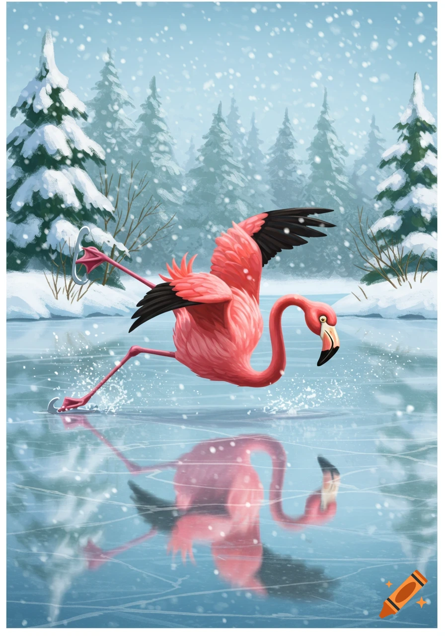 An illustrated pink flamingo ice skating and falling on a frozen pond in a snowy forest.