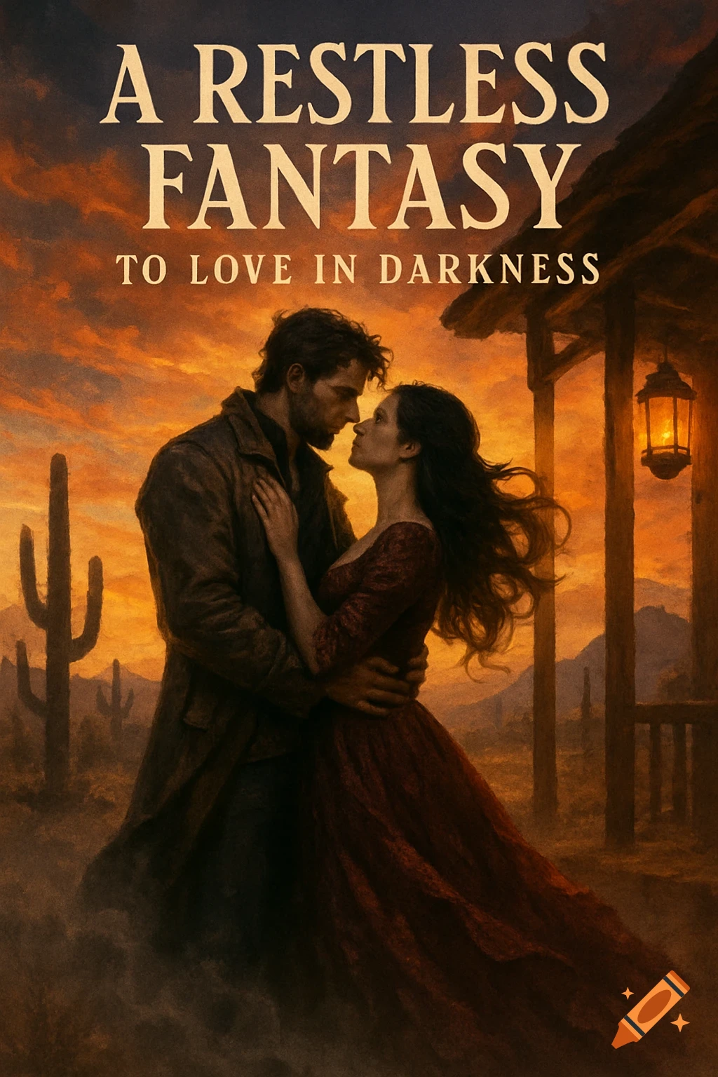A man and woman embrace on a book cover titled 'A Restless Fantasy: To Love In Darkness' with a desert sunset background.