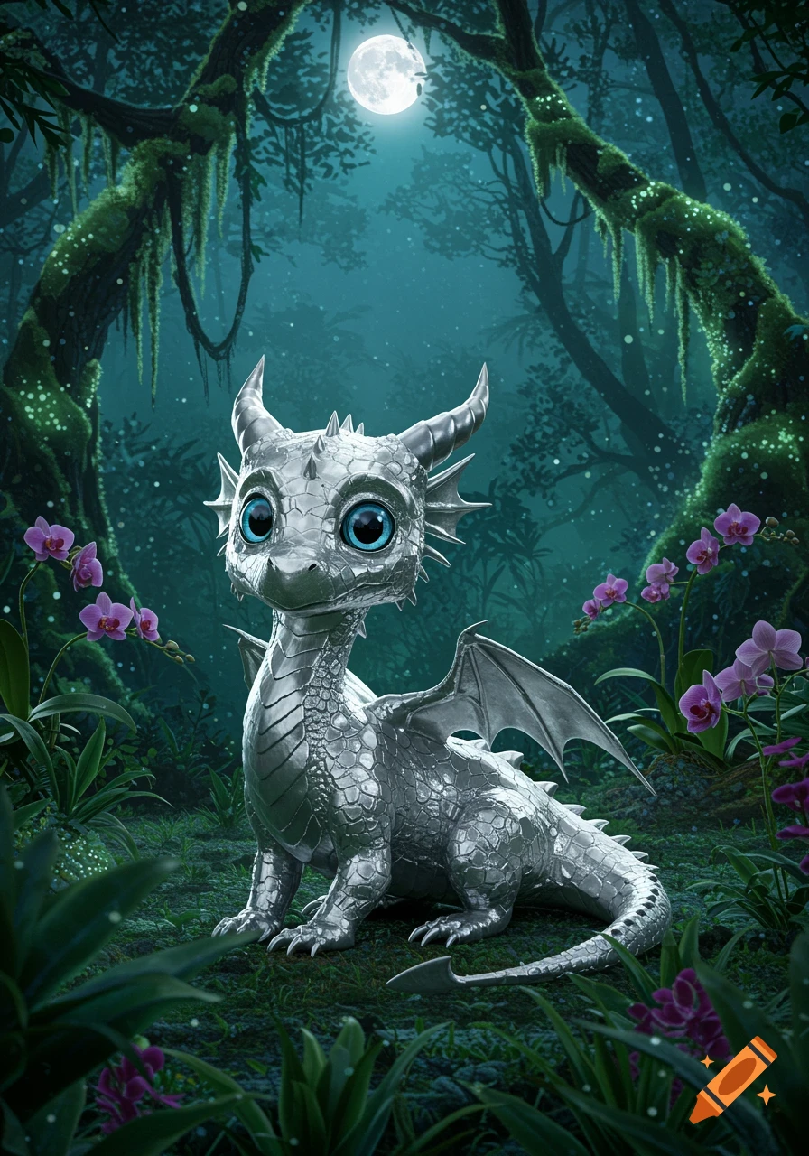 A photorealistic cute silver dragon with big blue eyes sits in a lush, moonlit jungle filled with glowing plants and purple orchids.