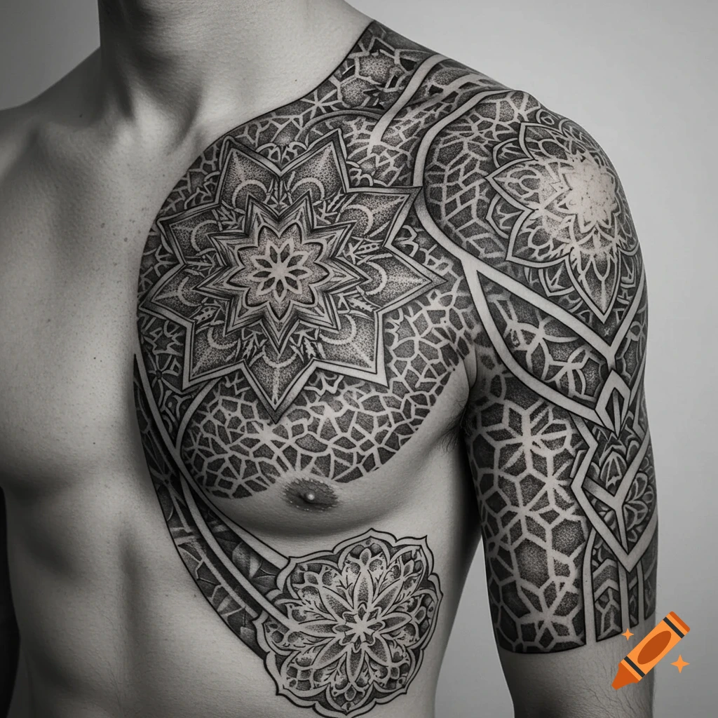 A Symmetrical Black and White Polynesian Chest Tattoo of a Manta Ray  created on Craiyon, image size:1024x1024