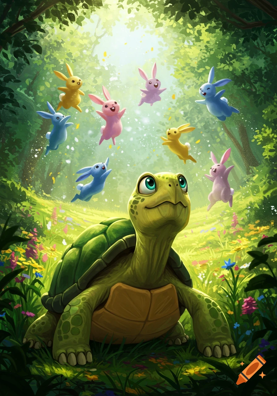 A smiling cartoon turtle looks up at colorful bouncing bunnies in a vibrant, sunlit forest filled with wildflowers.