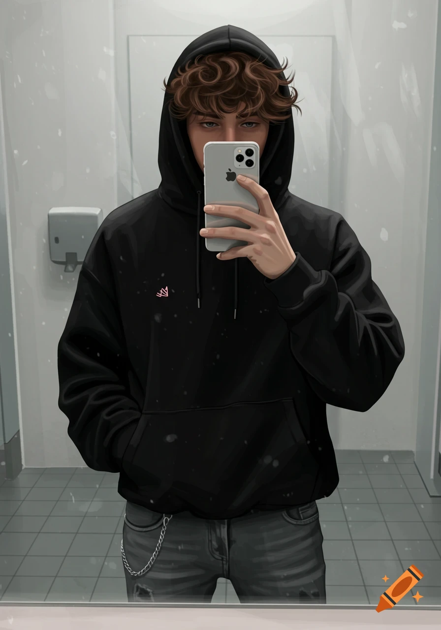 A digitally illustrated person with light brown messy hair and a black hoodie takes a selfie in a mirror with an Apple iPhone, covering their face, wearing gray jeans and a chain.