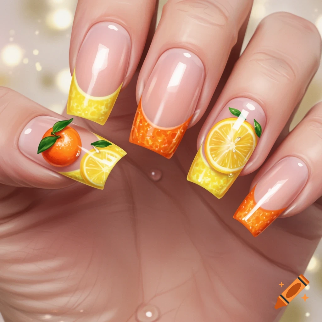 Close-up of a hand with French tip nails featuring lemon and orange designs, including fruit slices and whole fruits.