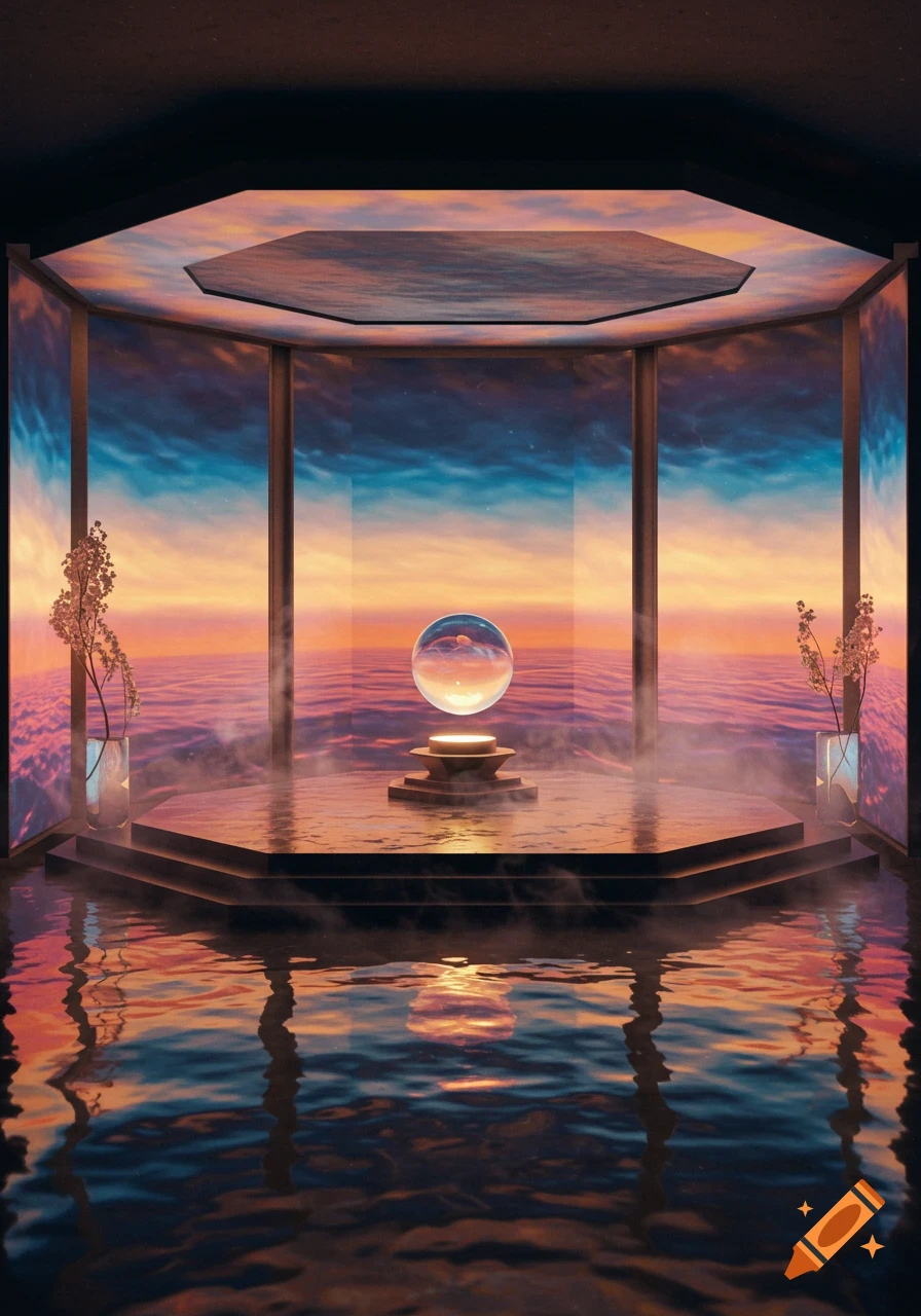 An octagonal room with large windows overlooking a vibrant sunset ocean, featuring a floating crystal orb over a podium, with mist and reflections in the water.
