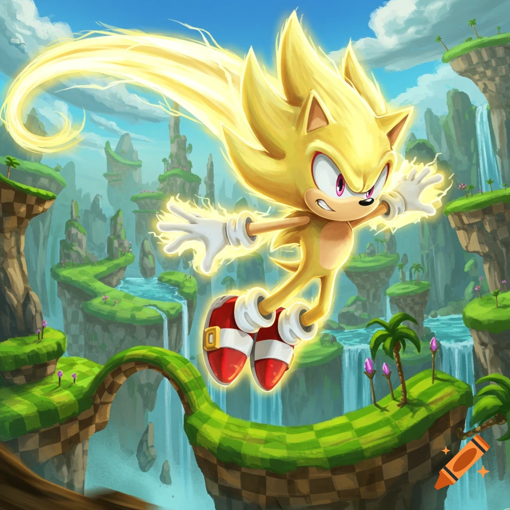 Super Sonic the Hedgehog flies through Green Hill Zone, glowing bright yellow with energy.