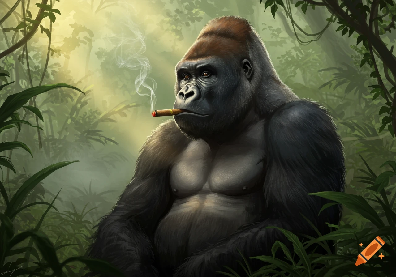 A photorealistic drawing of a large gorilla holding a lit cigar in its mouth, exhaling smoke, in a lush green jungle environment.