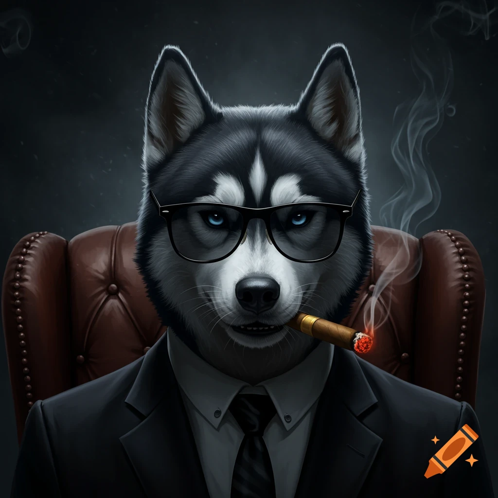 Digital illustration of a husky in a black suit and glasses, holding a lit cigar, sitting in a brown leather chair with dramatic lighting.