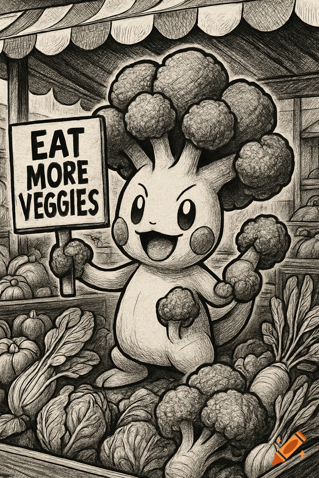 Black and white sketch of a happy broccoli Pok mon holding an 'Eat More Veggies' sign at a produce stand.