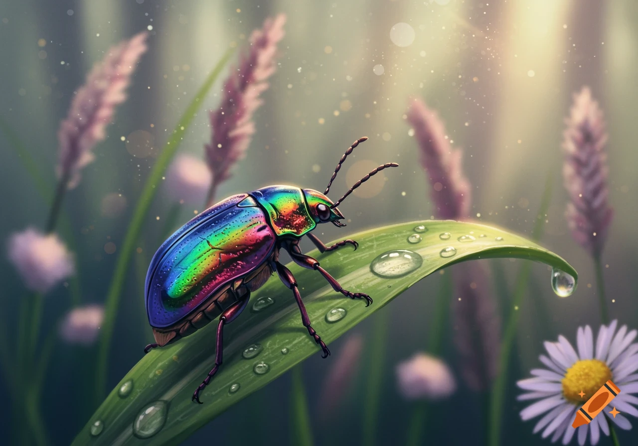 A vibrant iridescent beetle with rainbow colors sits on a green leaf with water droplets, in a soft-focus natural setting with light rays.