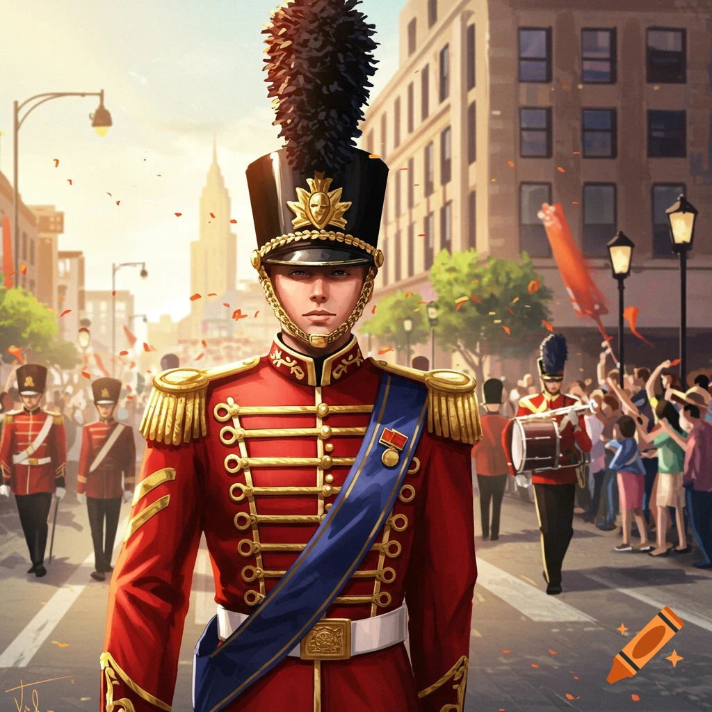 An illustration of a soldier in a red marching band uniform leading a parade down a city street, with cheering crowds and falling confetti.