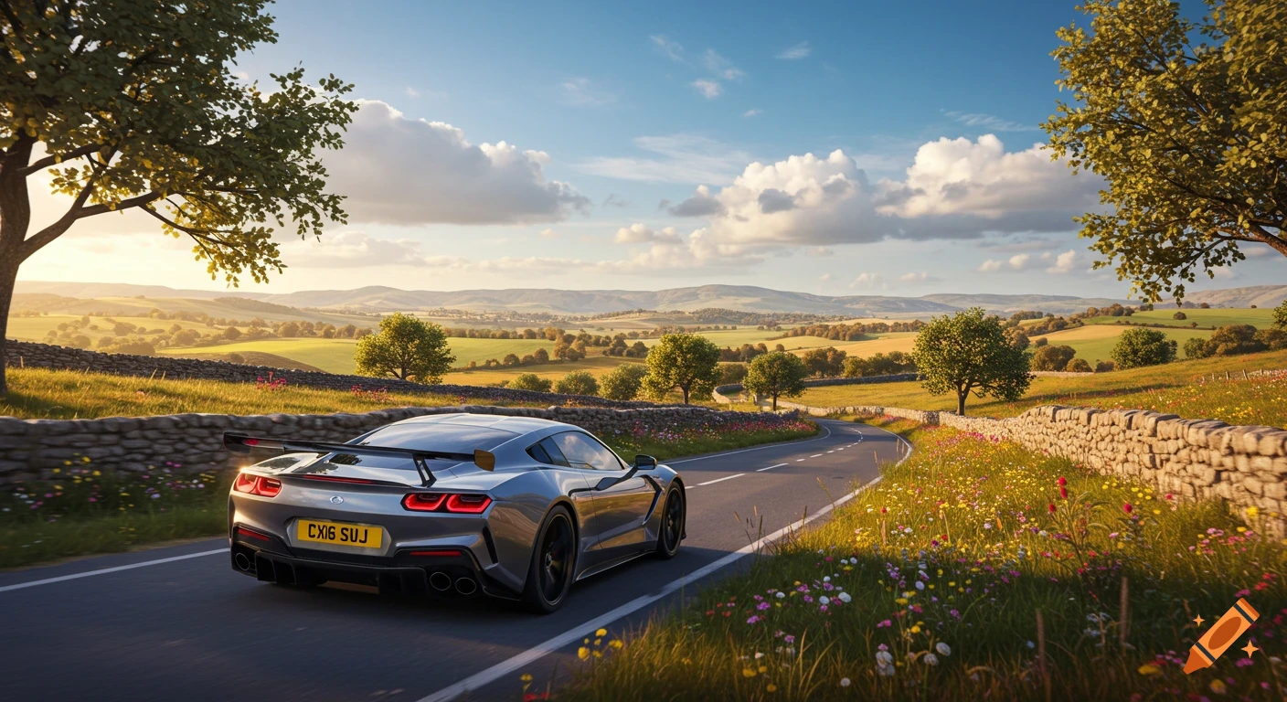 A silver sports car drives on a winding road through a lush green countryside with stone walls and wildflowers under a sunset sky.