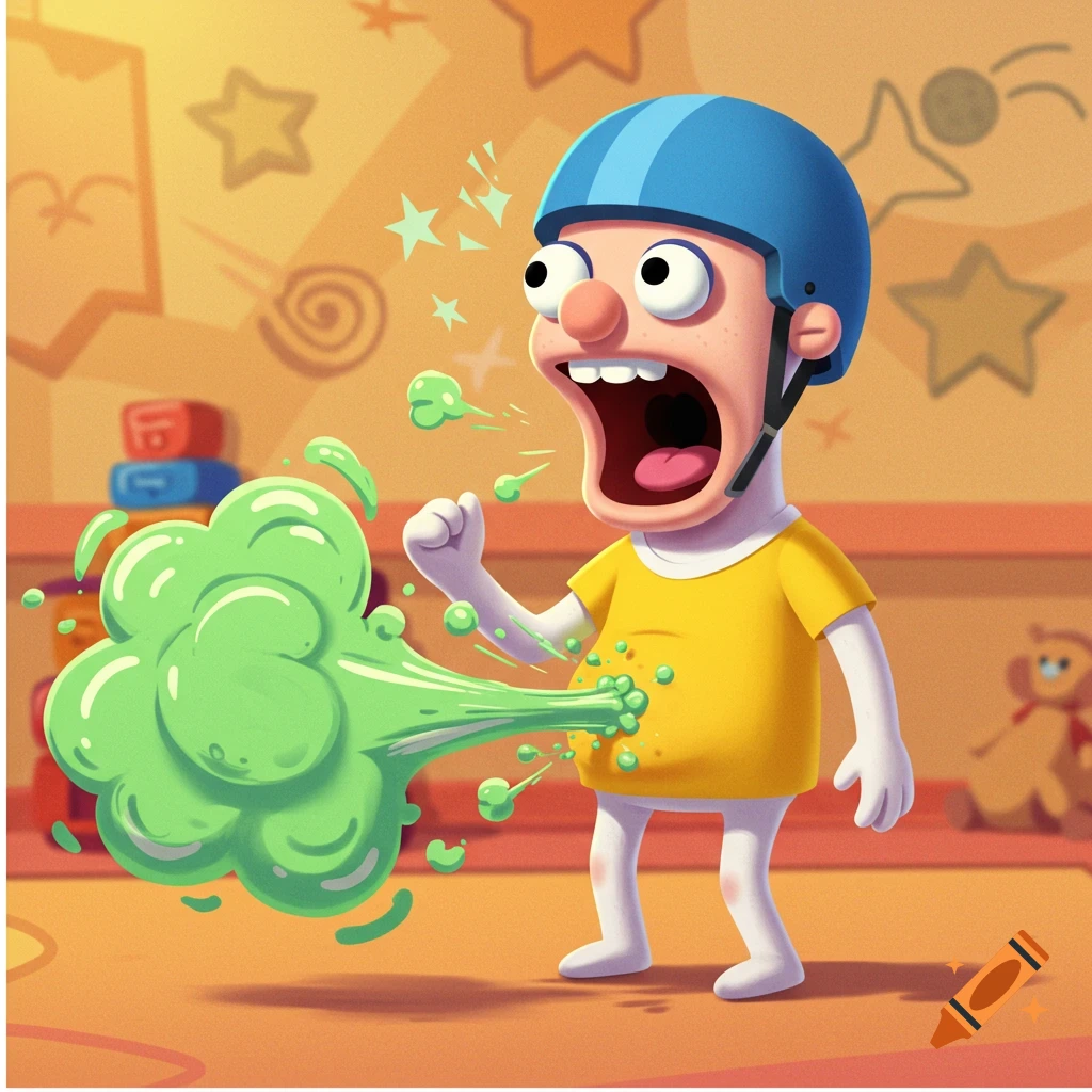 Cartoon character wearing a blue helmet and yellow shirt loudly belching green goo in a colorful room.
