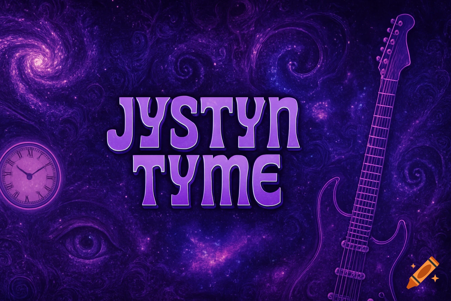 The band name Jystyn Tyme in a purple retro-futuristic font against a vibrant psychedelic cosmic background with a clock, guitar, and an eye.