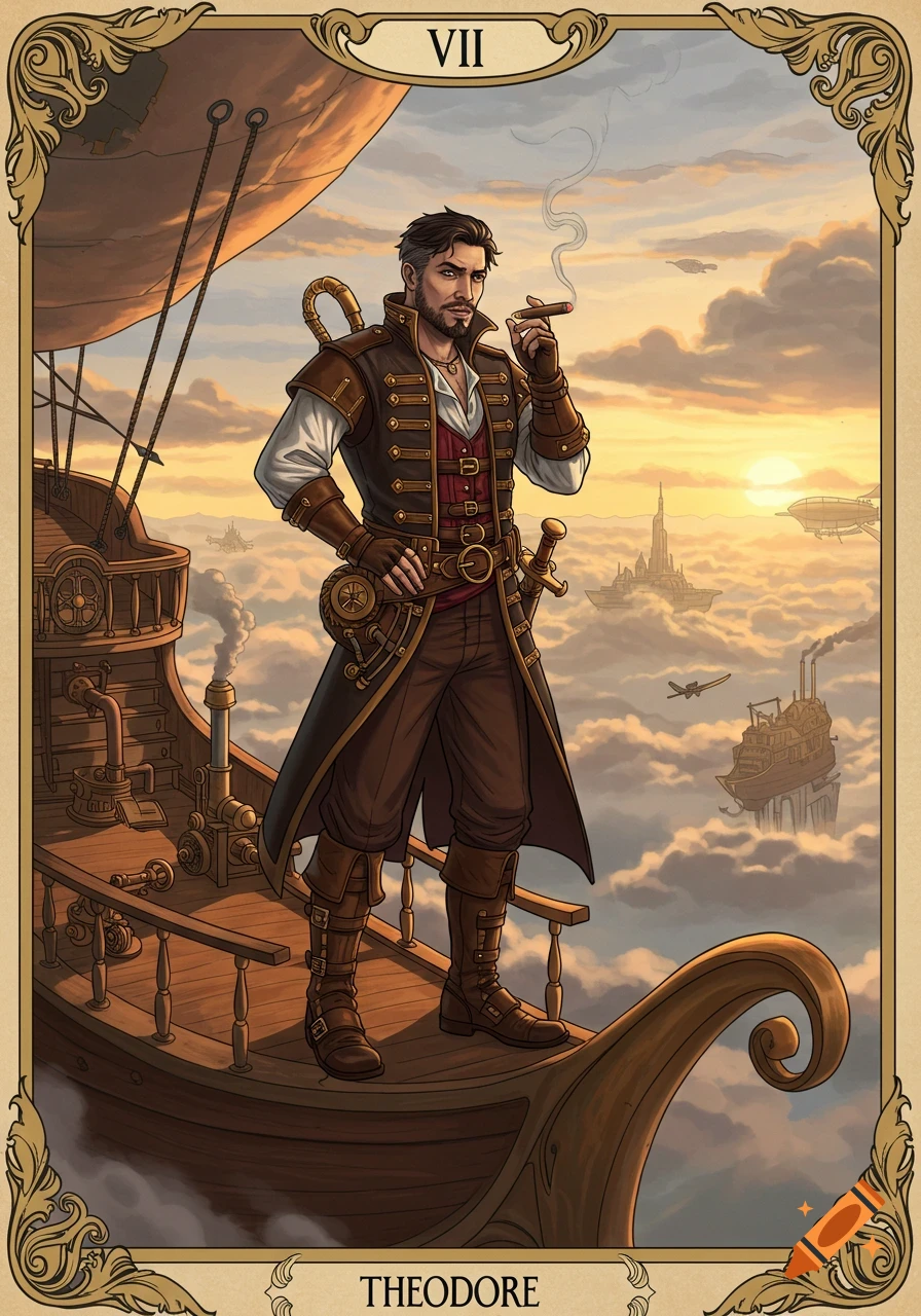 Illustrated steampunk tarot card with a man smoking a cigar on an airship, floating above clouds at sunset.