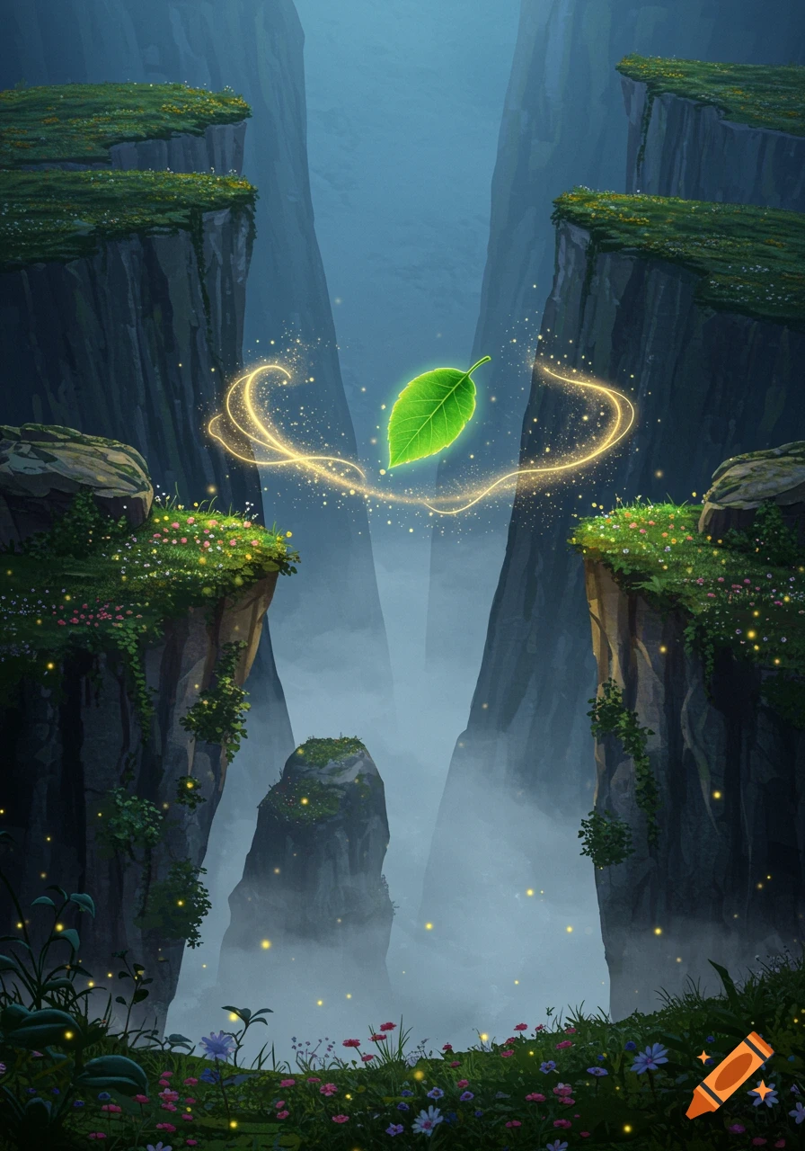A glowing green leaf with golden sparkling trails floats between steep, mossy cliffs in a misty canyon, with wildflowers.