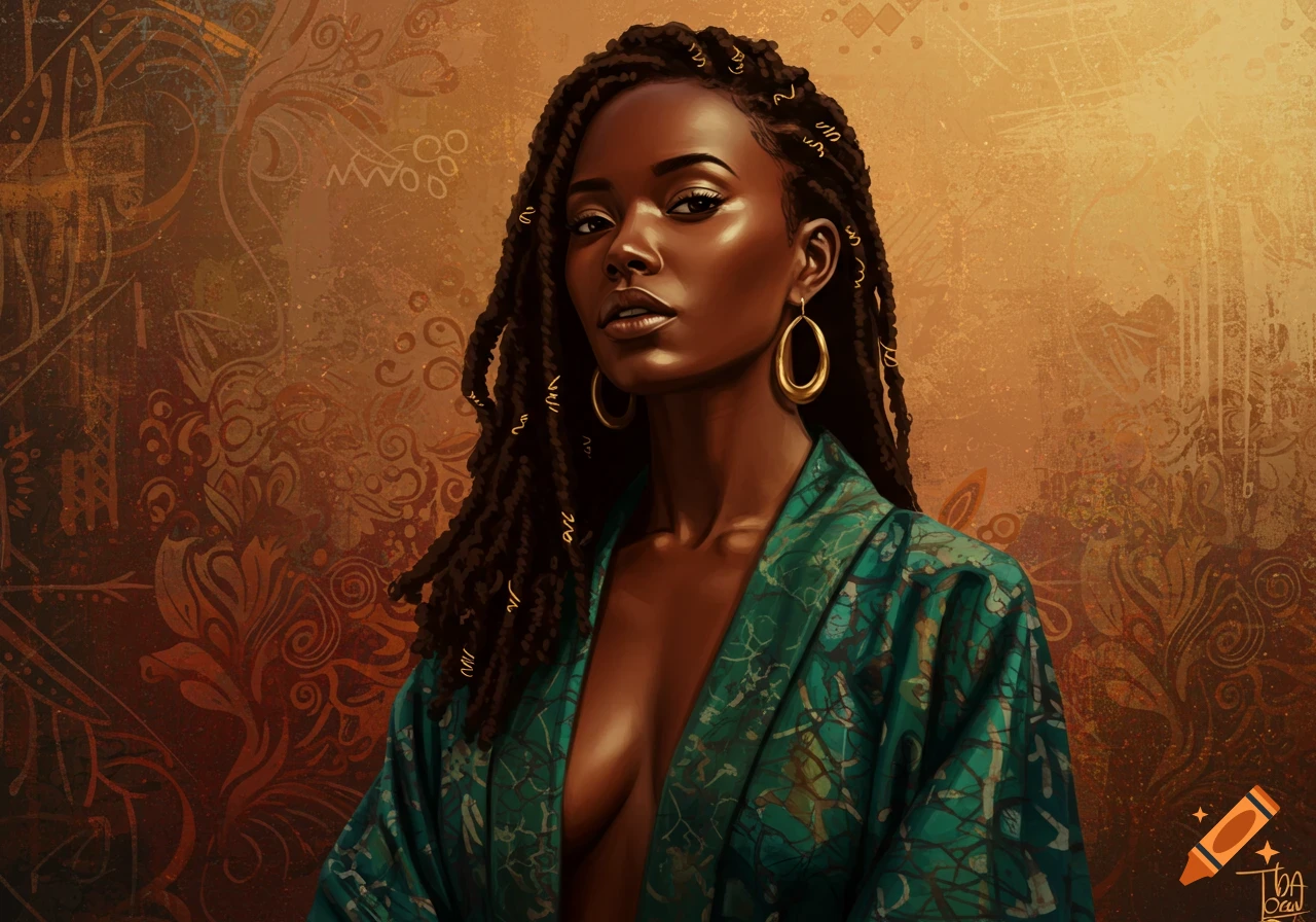 A portrait of a young Black woman with dreadlocks and gold hoop earrings, wearing a green patterned robe against a textured, warm background.