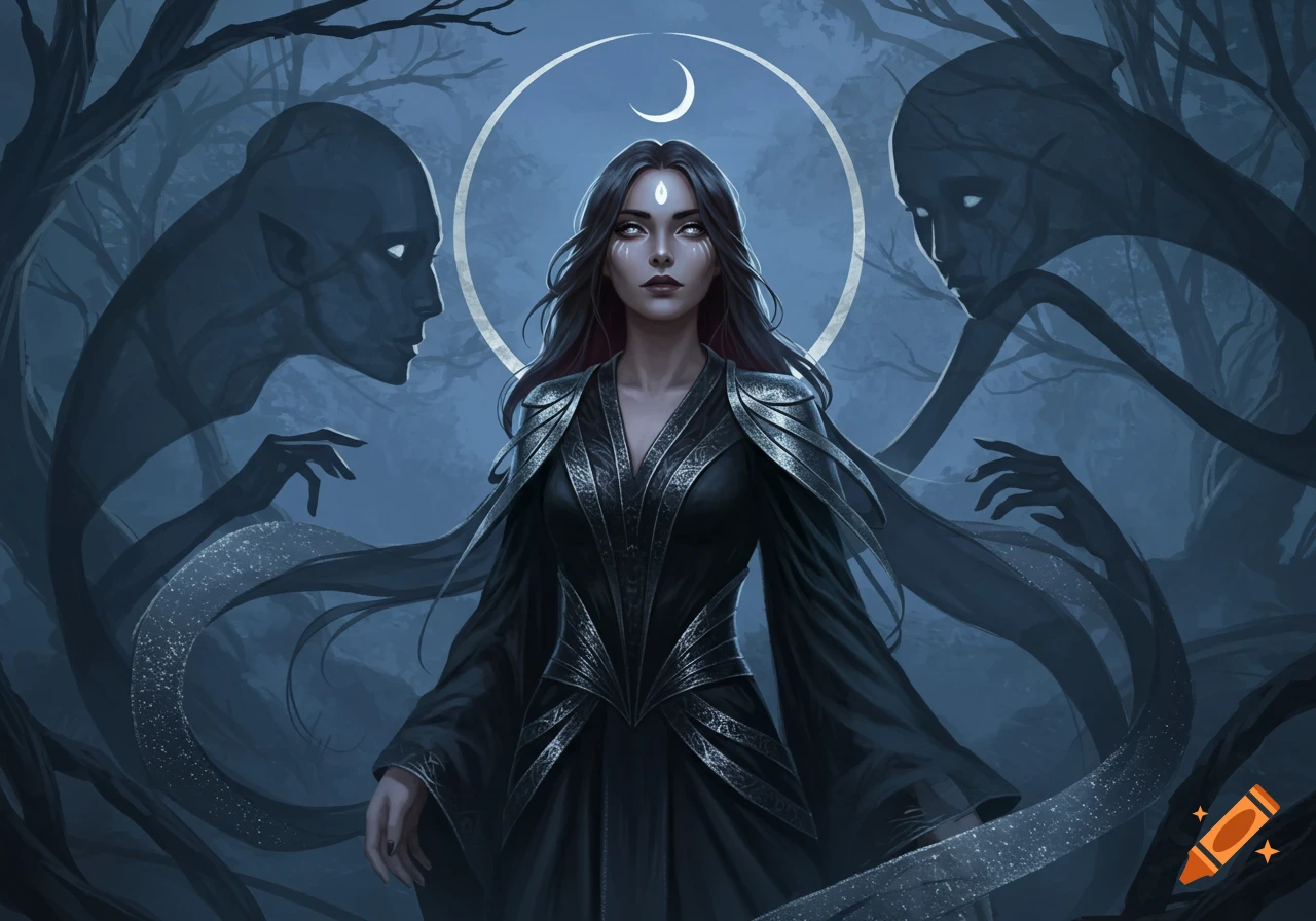 Dark fantasy art of a woman with white eyes and ornate armor standing in a shadowy forest, flanked by two spectral figures under a crescent moon.
