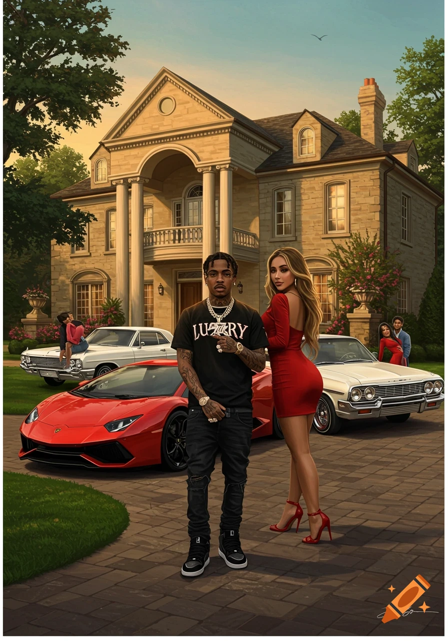 A stylish man and woman pose in front of a grand mansion with a red Lamborghini and classic cars, depicting a luxurious lifestyle.