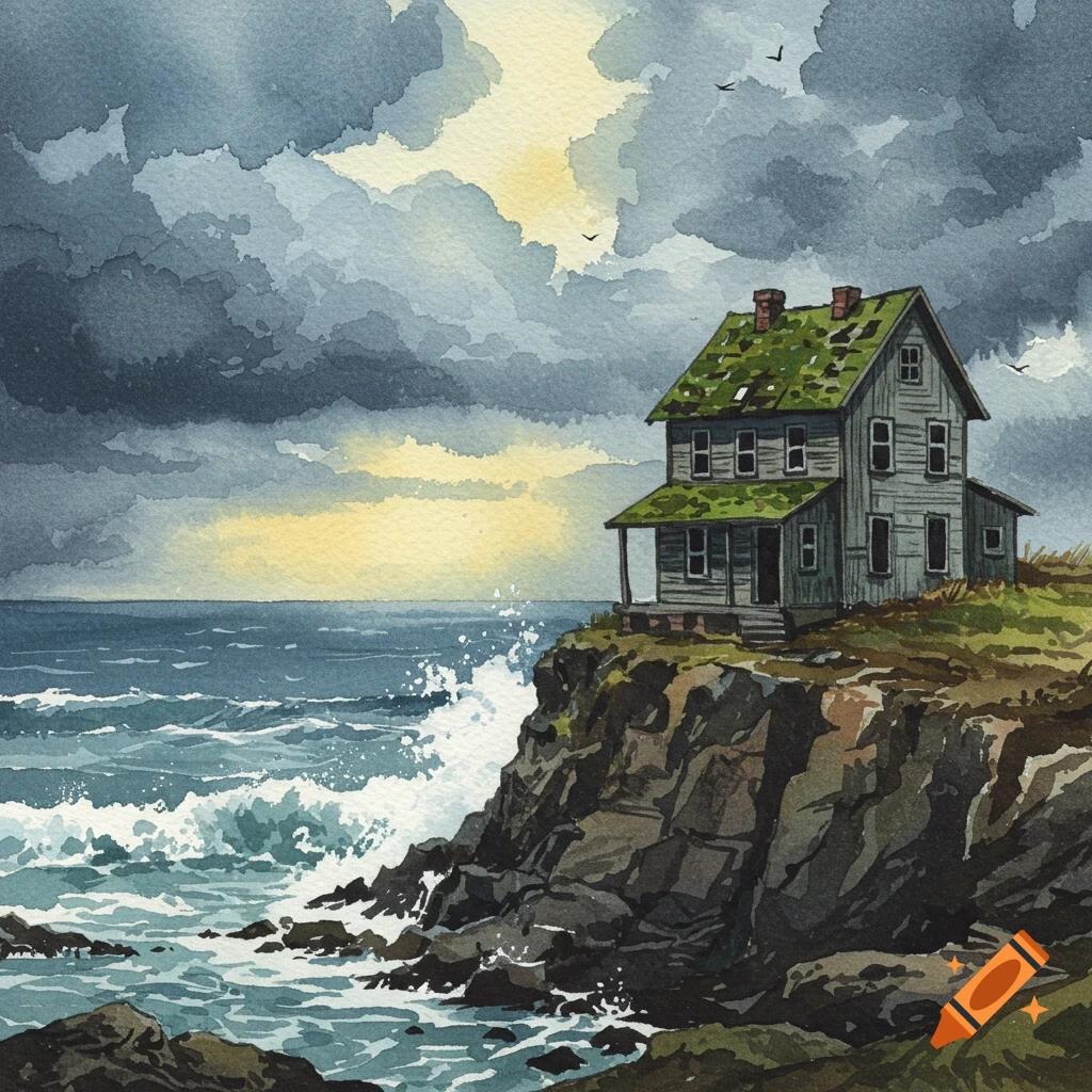 A watercolor painting of an old house on a rocky cliff overlooking a stormy sea with crashing waves under a dark, cloudy sky.